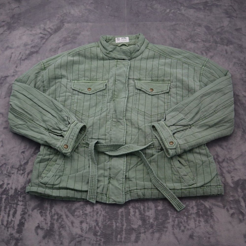 Gap Jacket Women XL Green Casual Lightweight Belted Striped Fitted Full Zip